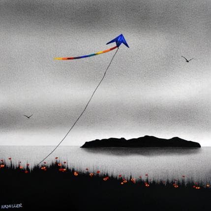 Peinture Kite day 1 par Miller Natasha | Tableau Figuratif Mixte minimaliste, noir & blanc