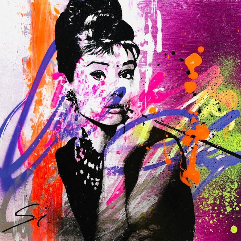 Gemälde AUDREY AT TIFFANYS von Mestres Sergi | Gemälde Pop-Art Pop-Ikonen Graffiti Pappe