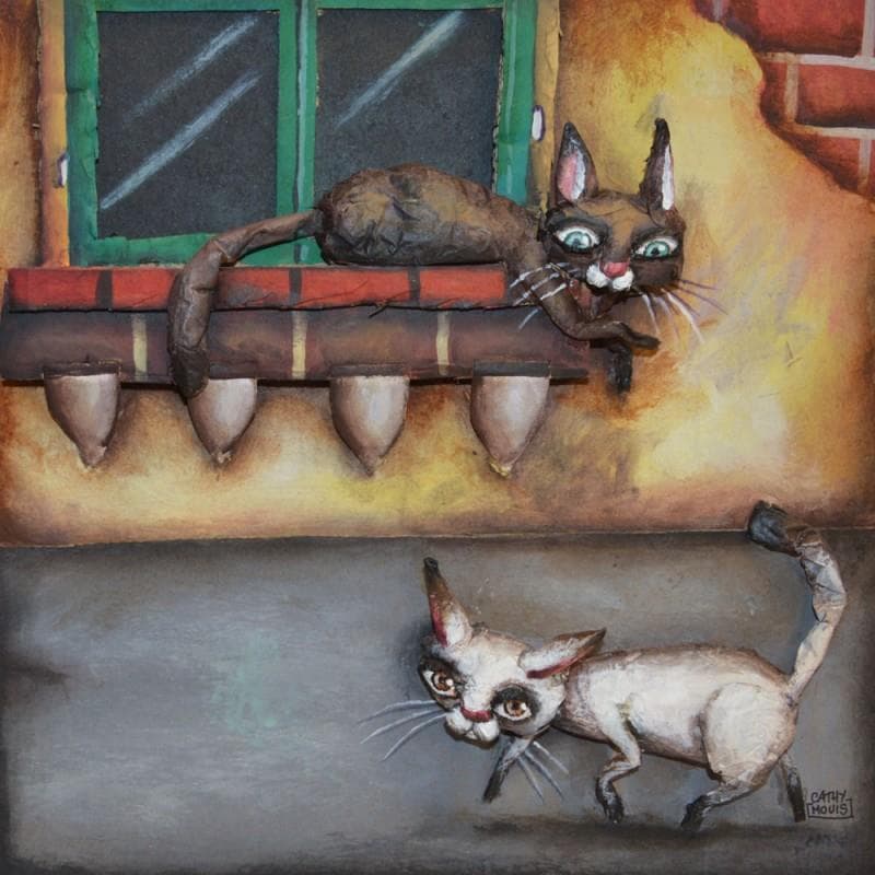 Painting Un chat sur la fenêtre by Mouis Cathy | Painting Naive art Mixed Animals