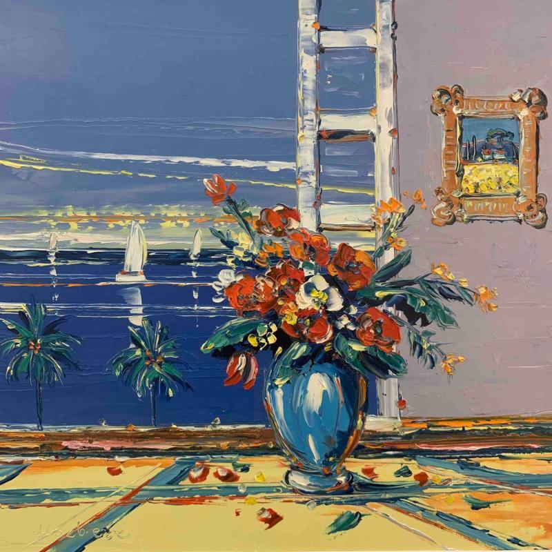 Gemälde Le bouquet à la fenêtre von Corbière Liisa | Gemälde Figurativ Landschaften Öl