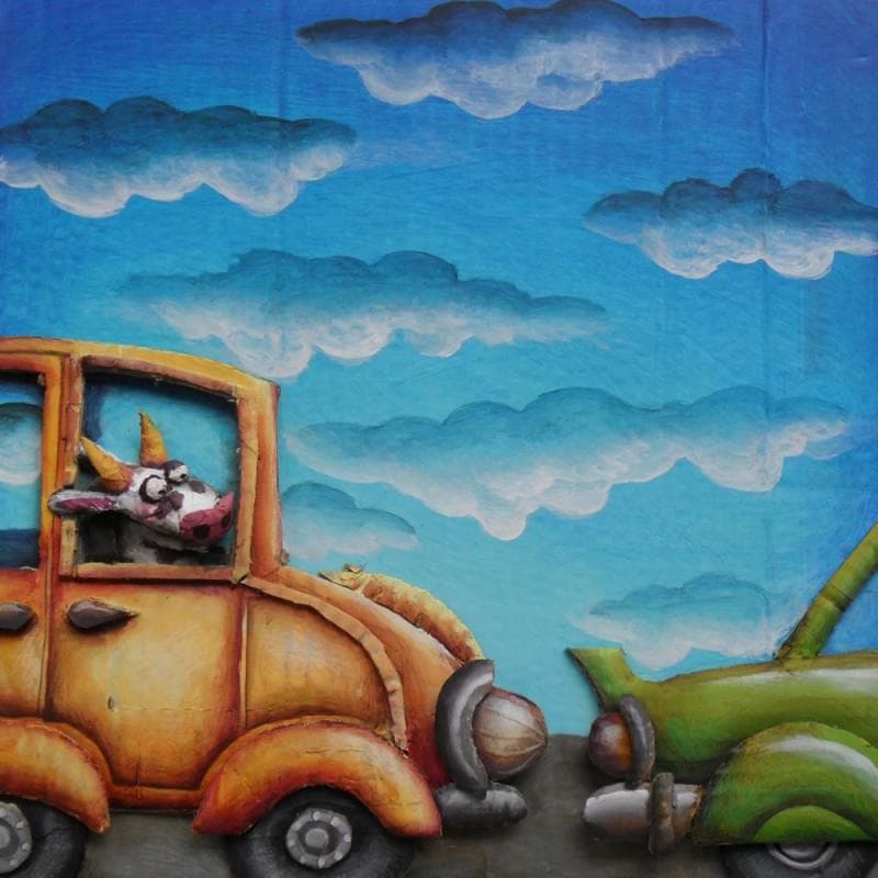 Painting Vache en voiture jaune by Mouis Cathy | Painting Illustrative Mixed Animals