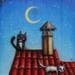 Peinture Deux chats sur un toit par Mouis Cathy | Tableau Illustration Mixte animaux