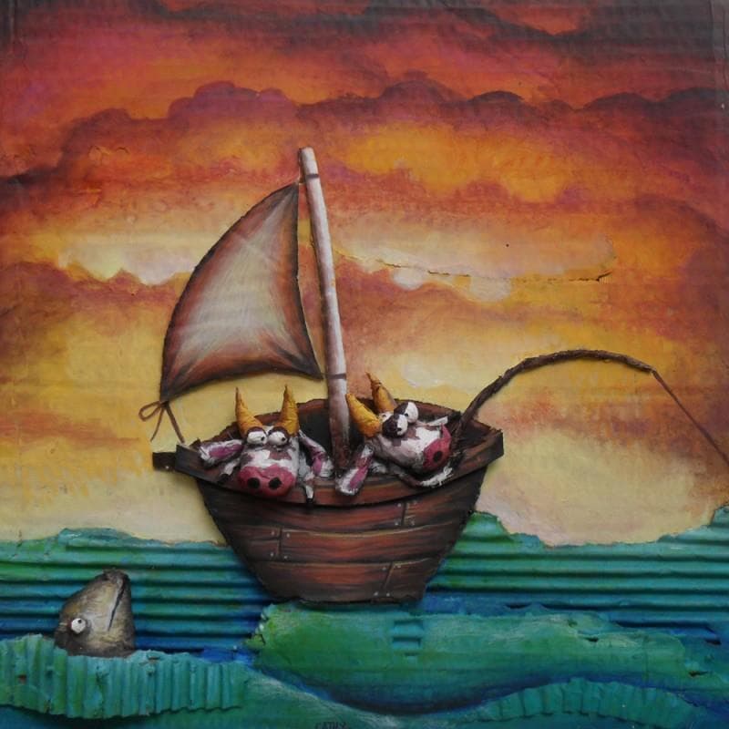 Peinture Deux vaches pêchent le thon par Mouis Cathy | Tableau Illustration Mixte animaux