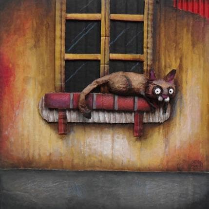 Painting Un chat à  la fenêtre by Mouis Cathy | Painting Illustrative Mixed Animals