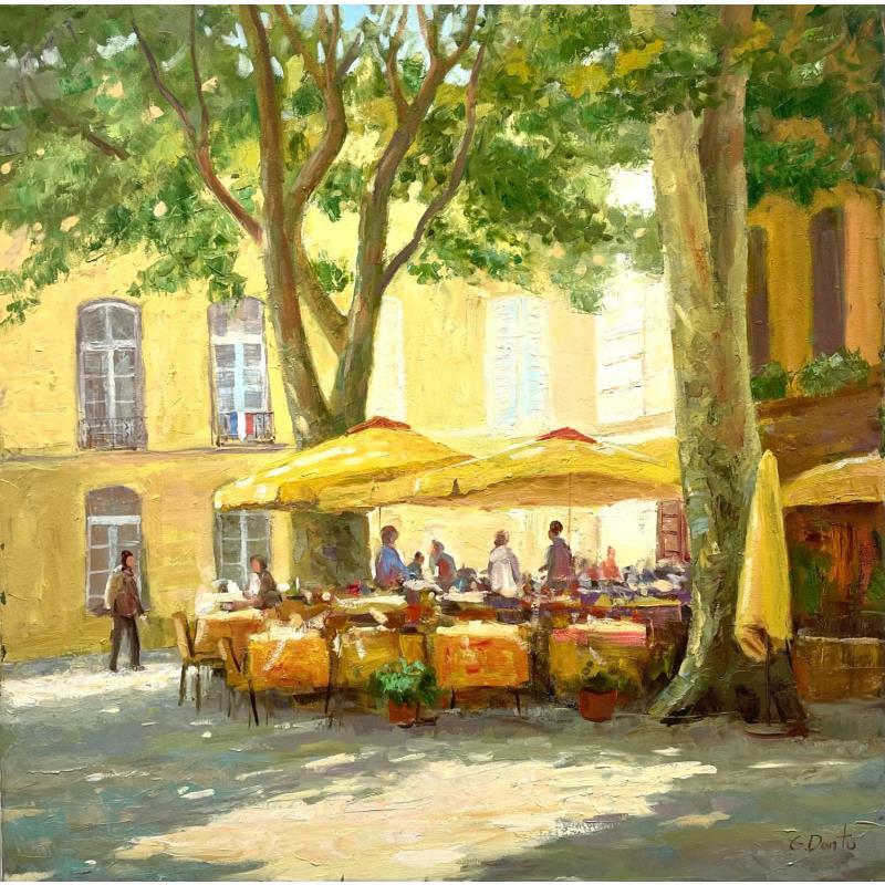 Gemälde Les  parasoleils jaunes sur la place von Dontu Grigore | Gemälde Figurativ Urban Öl