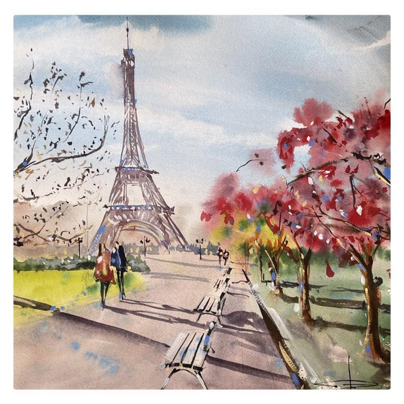 Gemälde Promenade à la Tour Eiffel von Bailly Kévin  | Gemälde Figurativ Aquarell Urban