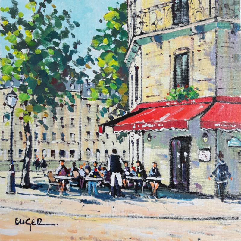 Painting TERRASSE ILE SAINT LOUIS by Euger | Painting Figurative Acrylic, Oil Landscapes, Life style, Urban