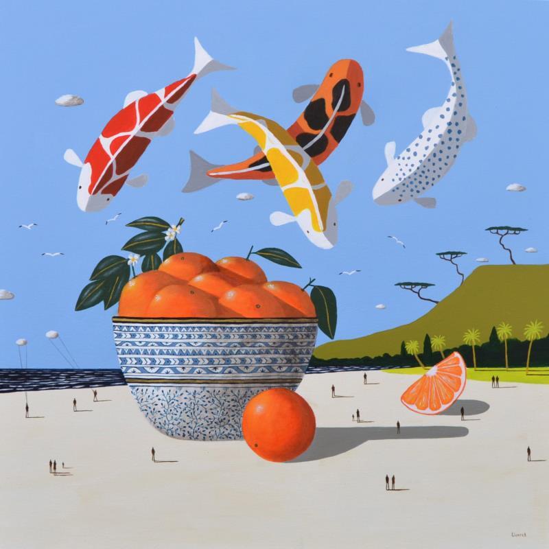 Painting Carpes koï sur la plage by Lionnet Pascal | Painting Surrealism Acrylic Animals, Marine, still-life