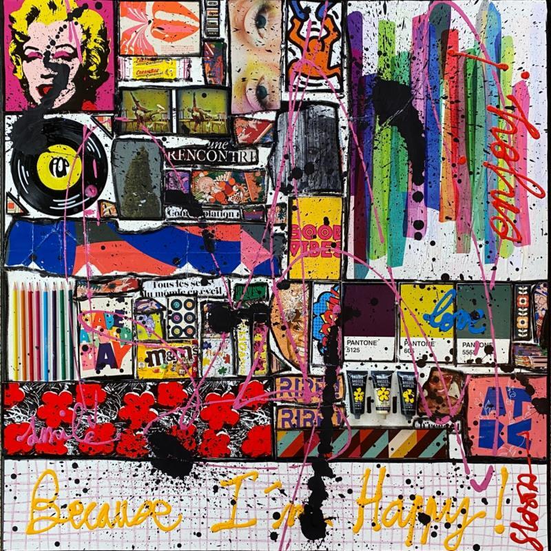 Gemälde Because I'm Happy ! von Costa Sophie | Gemälde Pop-Art Acryl, Collage, Posca, Upcycling