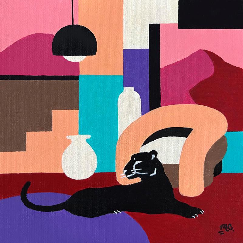 Painting Leopard Noir 4.0 by Birsak Mariah | Painting Figurative Acrylic Animals, Life style, Still-life
