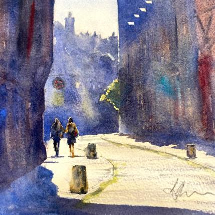 Peinture Promenade à Midi par Jones Henry | Tableau Figuratif Aquarelle Paysages, Urbain