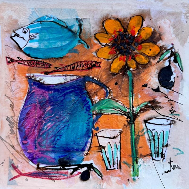 Painting fleur et poisson by Colombo Cécile | Painting Figurative Life style Still-life Acrylic Pastel