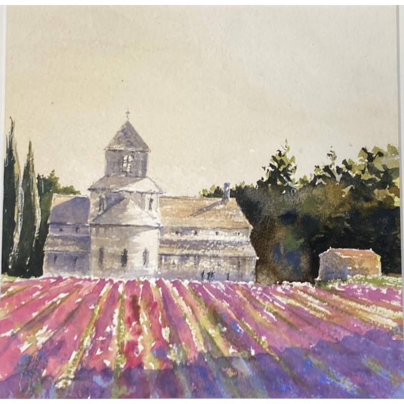 Painting Eglise et Lavande by Jones Henry | Painting Figurative Landscapes Urban Watercolor