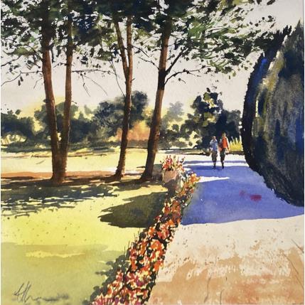 Painting Balade d'été lumineuse by Jones Henry | Painting Figurative Watercolor Landscapes, Urban