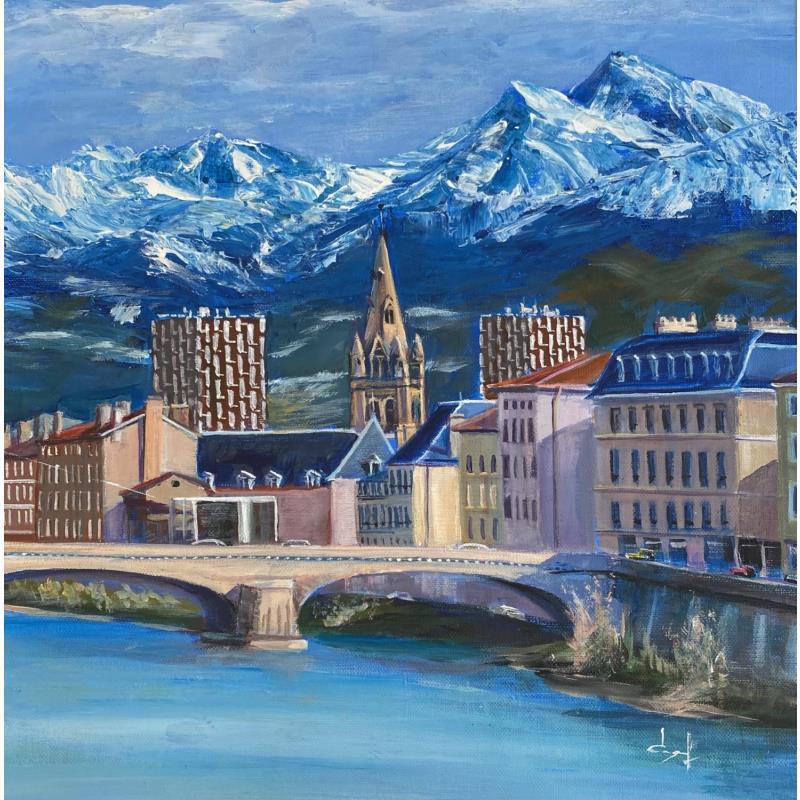 Painting Grenoble entre Rivière et Montagne by Degabriel Véronique | Painting Figurative Urban Oil