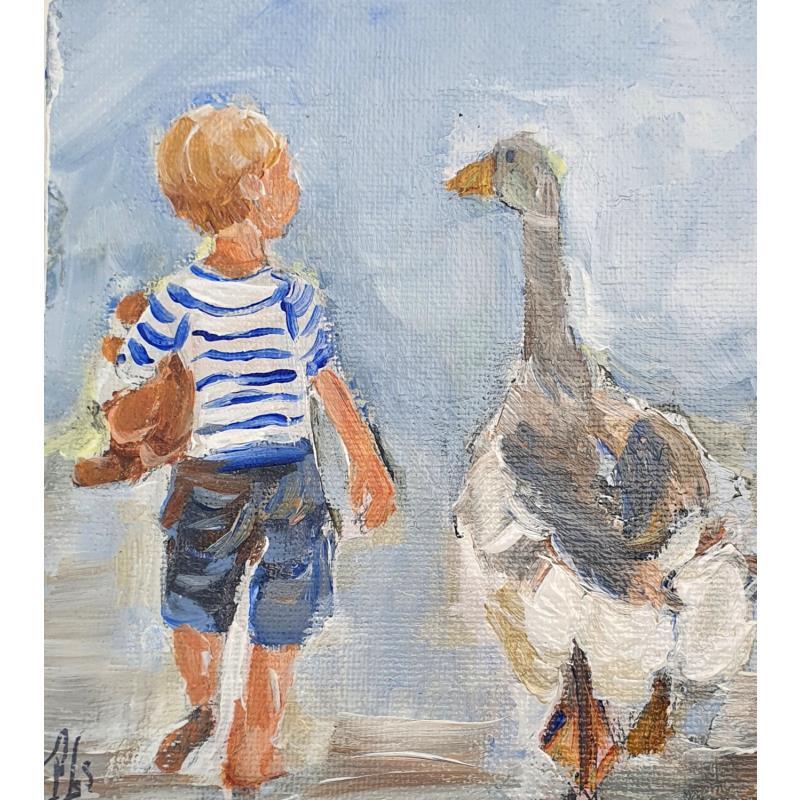 Painting Arthur et l'oie by Soizeau Françoise | Painting Figurative Acrylic Animals, Child, Life style