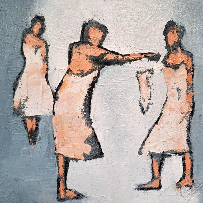 Peinture Trio blanc au foulard par Malfreyt Corinne | Tableau Figuratif Huile noir & blanc, nu, scènes de vie