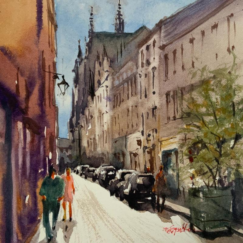 Painting Au bout de la rue by Seruch Capouillez Isabelle | Painting Figurative Urban Watercolor