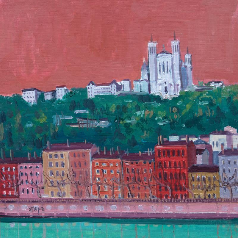 Peinture Fourvière vue de la Saône par Sirope Rémy | Tableau Impressionnisme Huile Architecture, Paysages