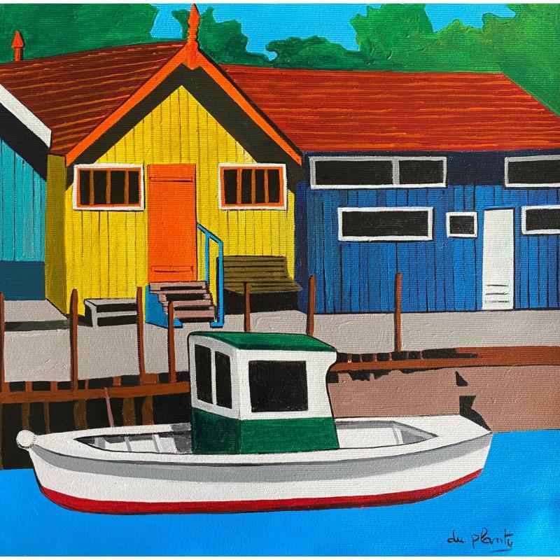 Peinture Une cabane Jaune et son bateau par Du Planty Anne | Tableau Figuratif Urbain Marine Acrylique