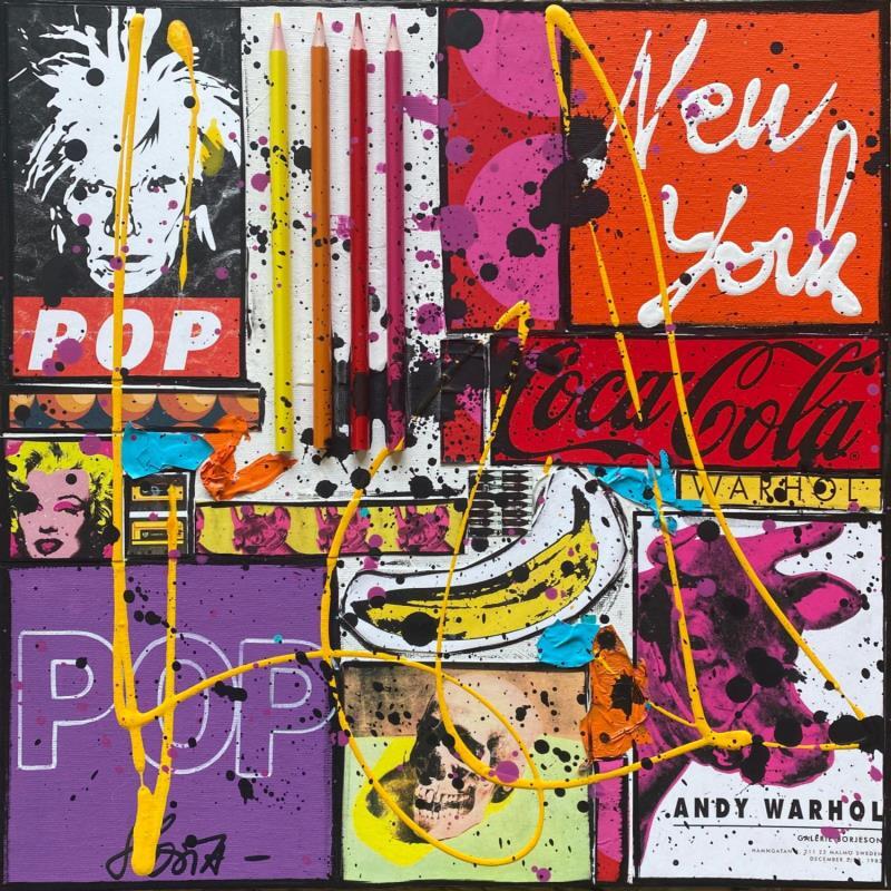 Painting POP NY (WARHOL) by Costa Sophie | Painting Pop-art Acrylic, Gluing, Posca, Upcycling Pop icons