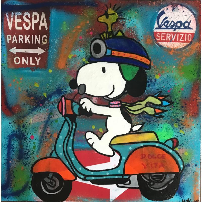 Peinture Snoopy dolce vita par Kikayou | Tableau Pop-art Icones Pop Graffiti Acrylique Collage Posca