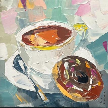 Painting Tea and a donut by Lunetskaya Elena | Painting Figurative Oil still-life