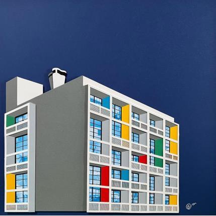 Painting Unité d'habitation le Corbusier - bleu nuit by Marek | Painting Subject matter Acrylic, Cardboard, Gluing Architecture