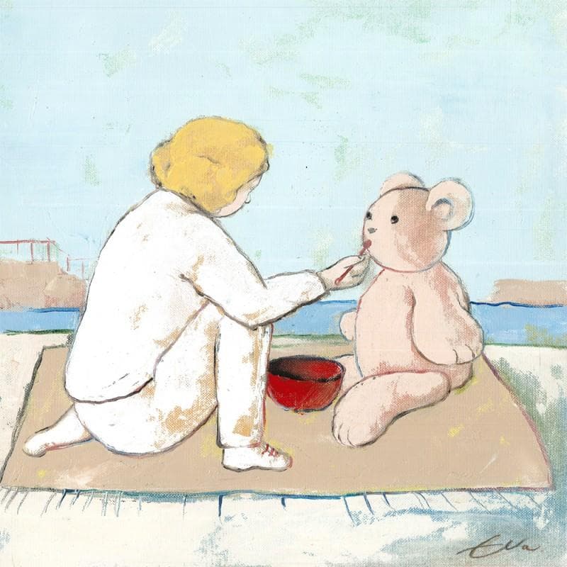Painting Teddy bear is hungry by Petkova Evelina | Painting Figurative Oil Life style