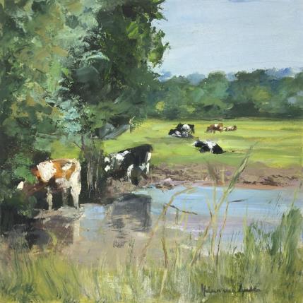 Painting koeien bij de plas- 20ls068 by Van Lynden Heleen | Painting Figurative Oil Life style, Nature