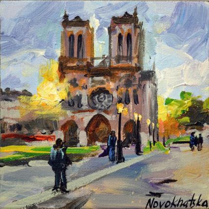 Painting Notre dame au coucher du soleil by Novokhatska Olga | Painting Figurative Oil Urban