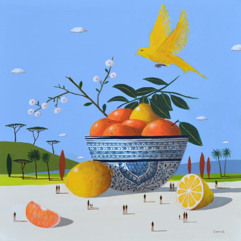 Painting Coupe de fruits et canari by Lionnet Pascal | Painting Surrealism Landscapes Animals Still-life Acrylic