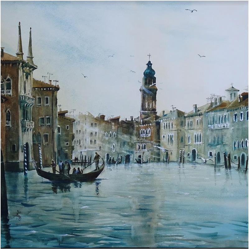 Gemälde Le traghetto du matin von Abbatucci Violaine | Gemälde Figurativ Aquarell Landschaften, Marine