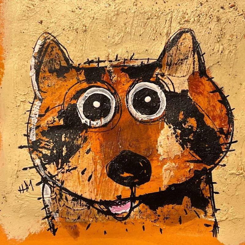 Peinture Raccoon par Maury Hervé | Tableau Art Singulier Acrylique, Encre, Sable