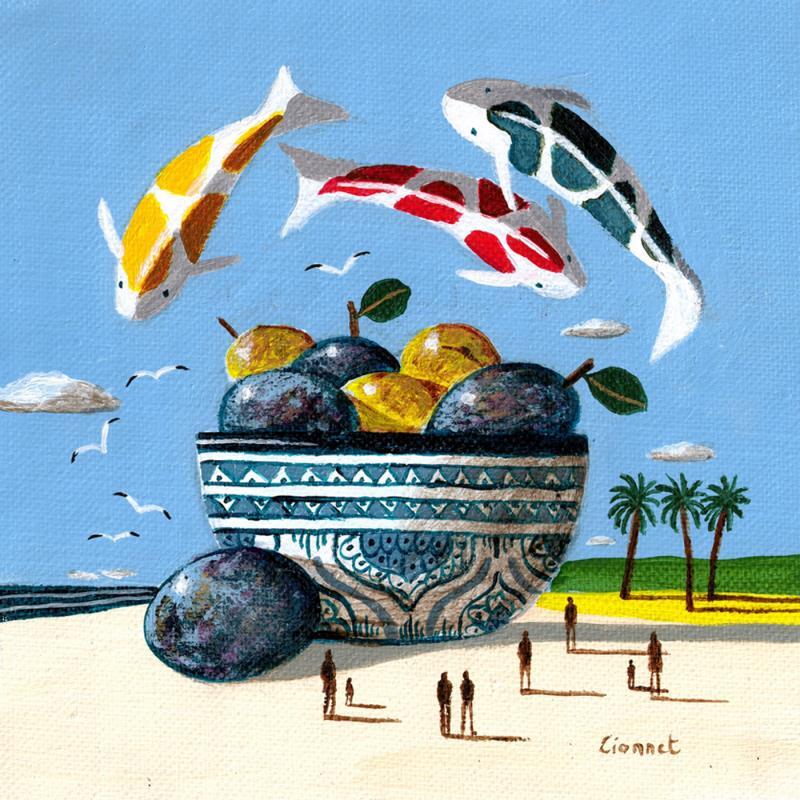 Painting Carpes aux prunes by Lionnet Pascal | Painting Surrealism Acrylic Animals, Marine, still-life