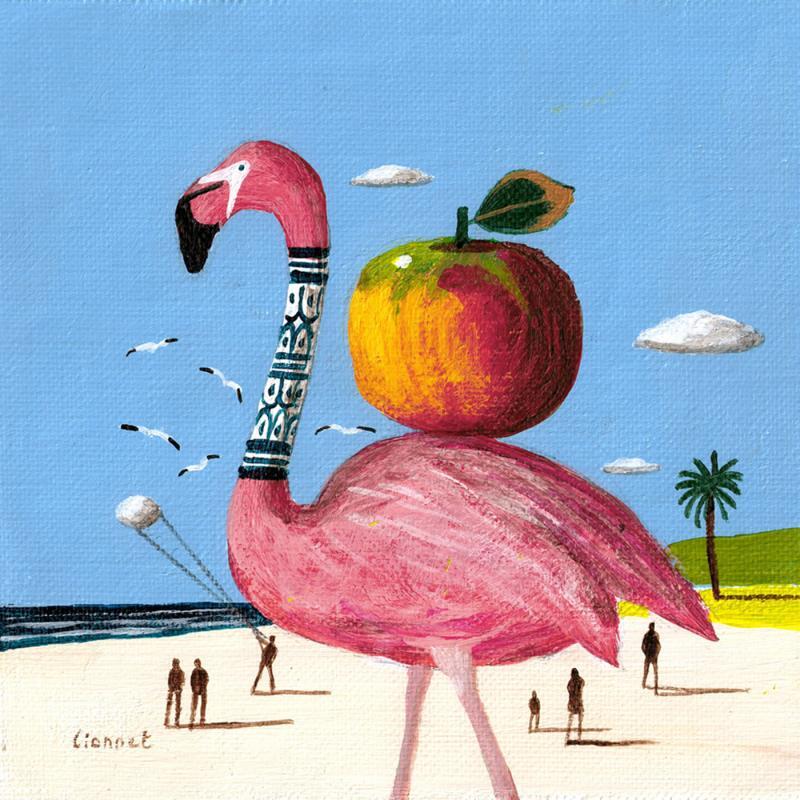 Painting Flamant rose à la pomme by Lionnet Pascal | Painting Surrealism Acrylic Animals, Life style, Marine