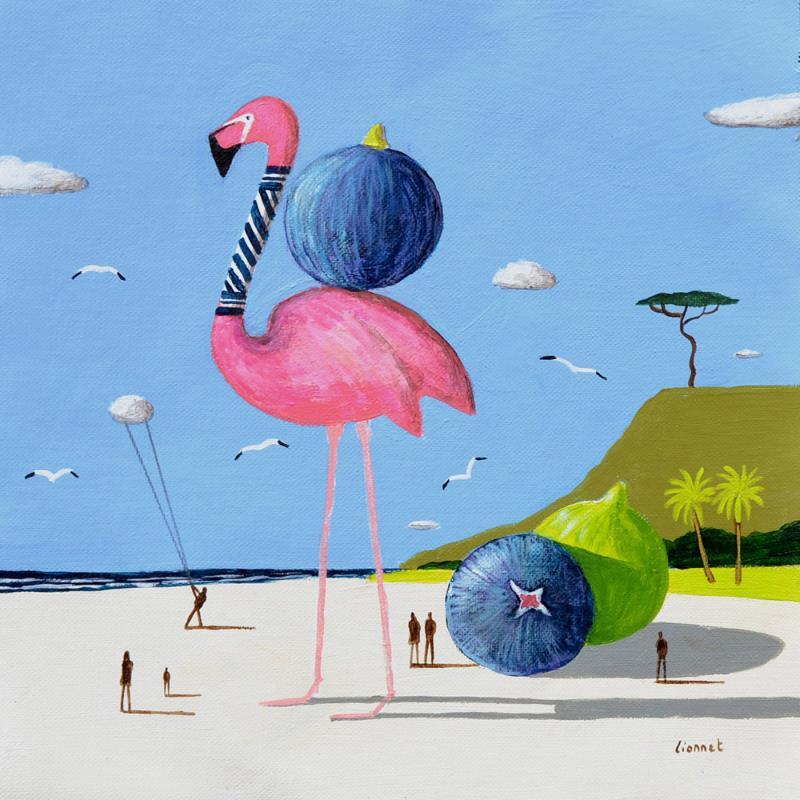 Painting Flamant rose aux figues by Lionnet Pascal | Painting Surrealism Acrylic Animals, Life style, Marine