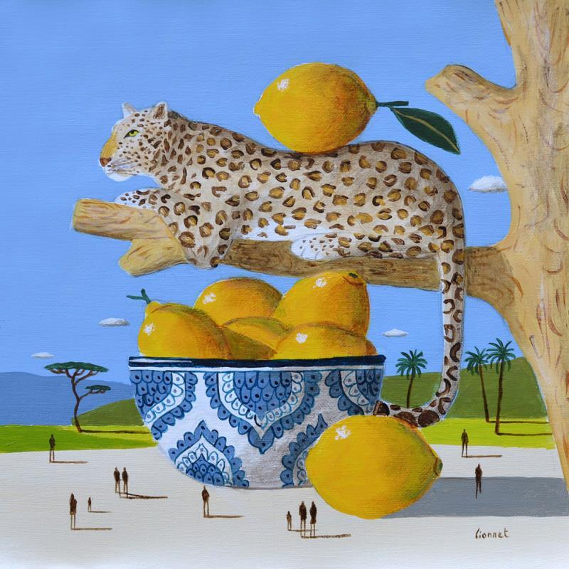 Painting Léopard aux citrons by Lionnet Pascal | Painting Surrealism Acrylic Animals, Life style, still-life