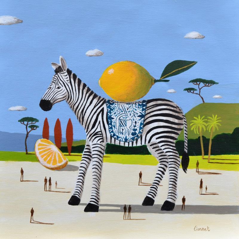 Painting Zèbre aux citrons by Lionnet Pascal | Painting Surrealism Acrylic Animals, Life style, still-life
