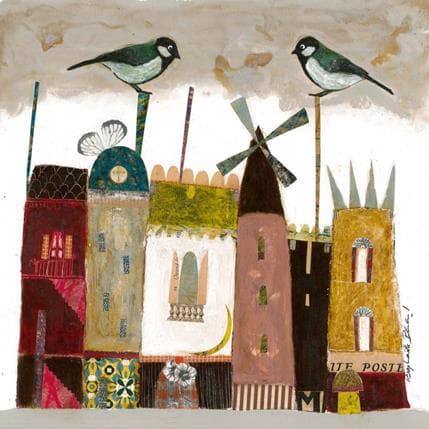 Peinture Des cheminées et des oiseaux par Penaud Raphaëlle | Tableau Art naïf Mixte Urbain