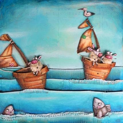 Peinture Moutons bateaux par Mouis Cathy | Tableau Illustration Mixte animaux