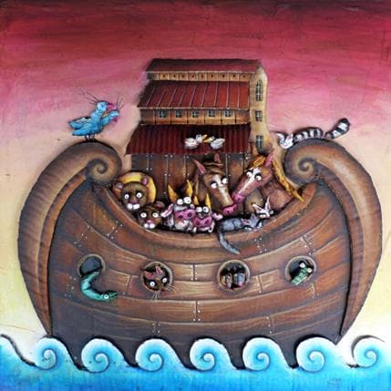 Peinture Arche Noé par Mouis Cathy | Tableau Illustration Mixte animaux