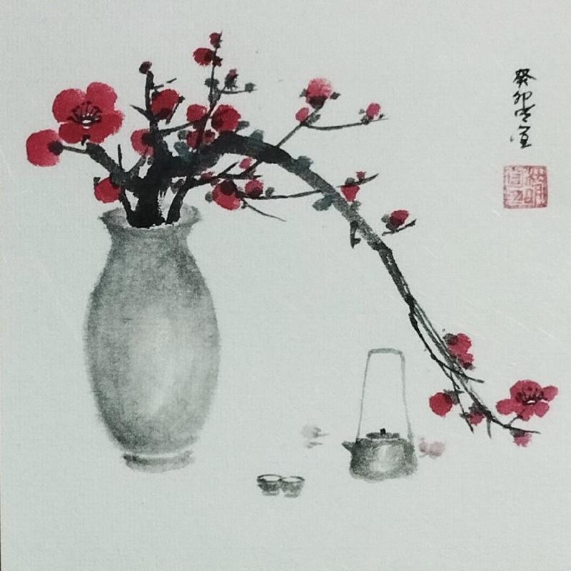 Painting Red blossom in pot by Du Mingxuan | Painting Figurative Watercolor Landscapes, still-life