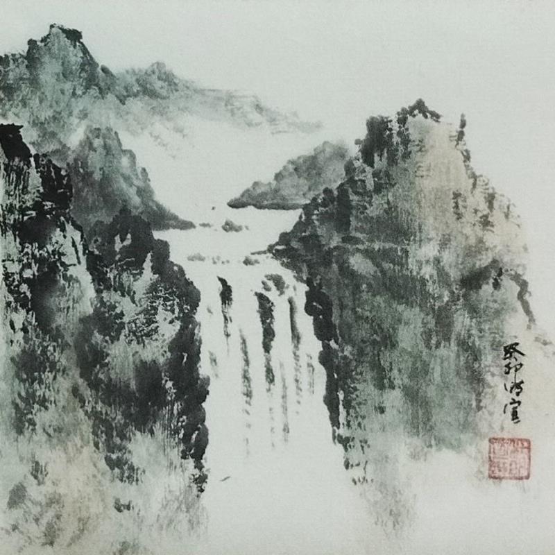 Painting Waterfall by Du Mingxuan | Painting Figurative Watercolor Landscapes