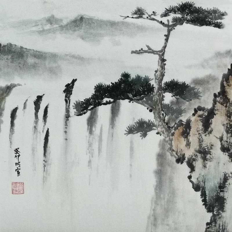 Painting Pine tree and waterfall by Du Mingxuan | Painting Figurative Landscapes Watercolor