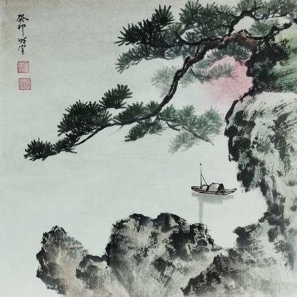 Painting Boat, pine tree and rising sun by Du Mingxuan | Painting Figurative Watercolor Landscapes
