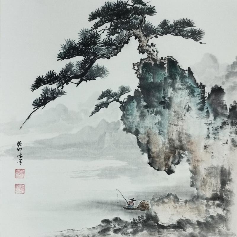 Painting Pine tree on cliff by Du Mingxuan | Painting Figurative Landscapes Watercolor