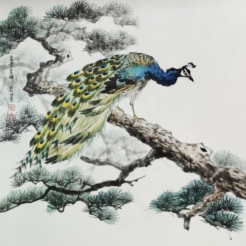 Gemälde Paon von Du Mingxuan | Gemälde Figurativ Aquarell Tiere