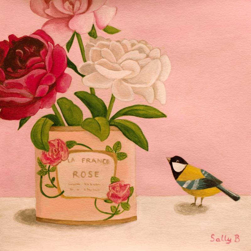 Painting Oiseau avec roses dans un pot La France Rose by Sally B | Painting Raw art Acrylic Pop icons, still-life