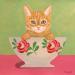 Peinture Chat roux dans un bol vintage par Sally B | Tableau Art Singulier Animaux Natures mortes Acrylique